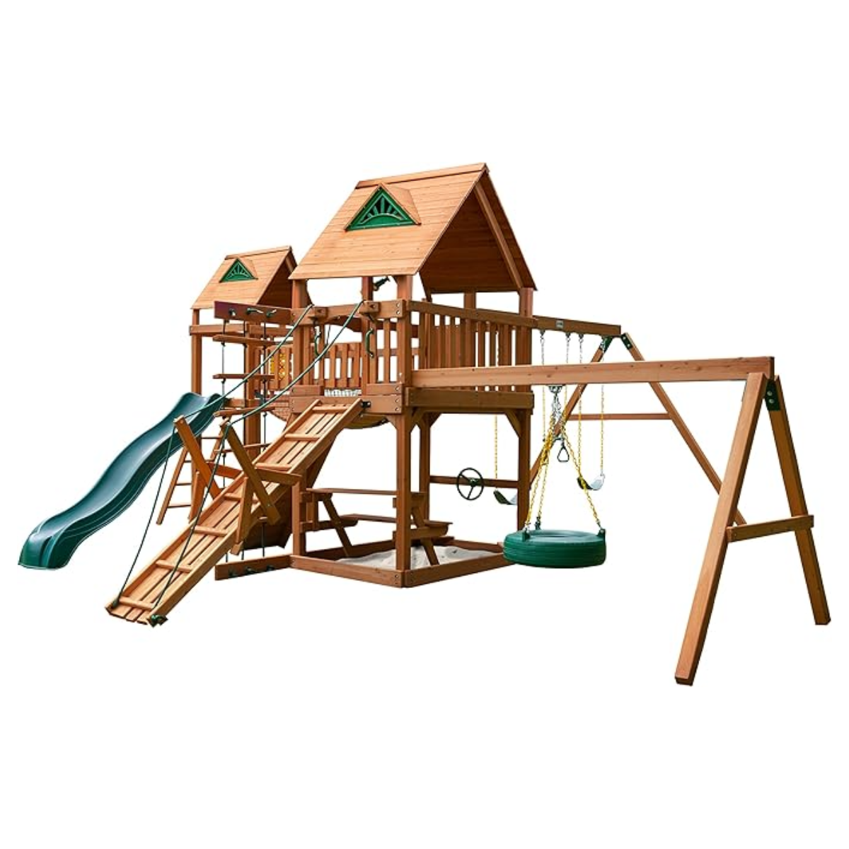 kap-product-25-image-1.png Gorilla Playsets Pioneer Peak Treehouse Wooden Swing Set with Tire Swing, and Clatter Bridge and Tower - Image 1